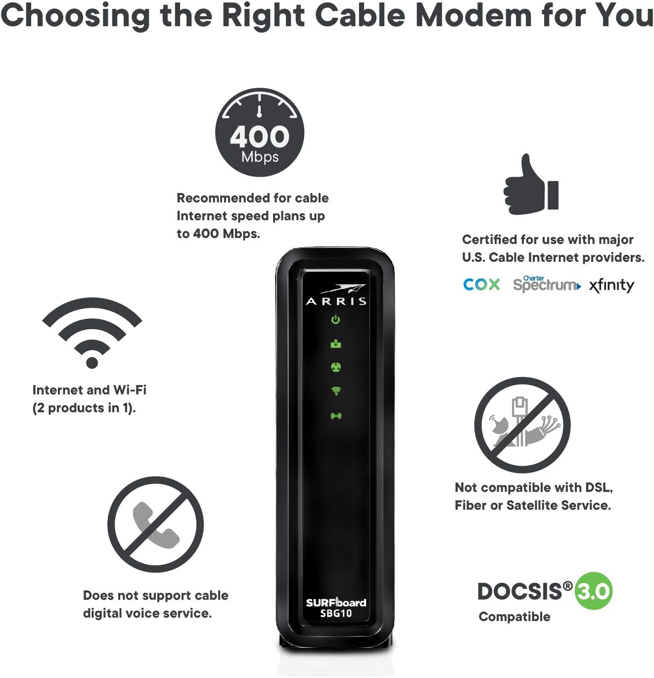 ARRIS SURFboard SBG10 DOCSIS 3.0 Cable Modem & AC1600 Dual Band Wi-Fi Router, Approved for Cox, Spectrum, Xfinity & others (black)
