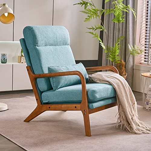 Bonnlo High Back Linen Beige Mid Century Modern Accent Chair, Soild Wood Padding Lounge Armchairs Side Sitting Chairs for Living Room, Bedroom, Guest Room