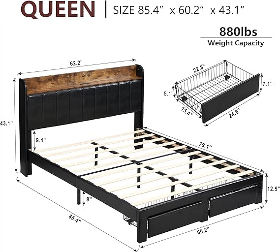 Queen Bed Frame with Headboard & Charging Station, Upholstered Platform Bed Frame with 2 Storage Drawers, Sturdy Wooden Slats Support/No Box Spring Needed/Noise Free/Easy Assembly/White