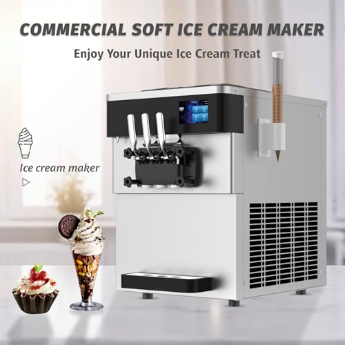 Commercial Ice Cream Maker Machine 2450W Soft Serve Ice Cream Machine 5.3 to 7.4 Gal/H 3 Flavors 110V Ice Cream Machine with Pre-cooling, Auto Clean,LCD Panel for Snack Bar Restaurants