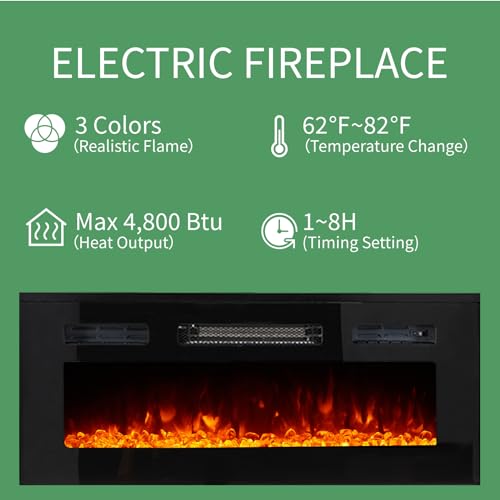 AMERLIFE High Gloss Living Room Entertainment Center with LED Lights, Including Floating Fireplace TV Stand with 40" Electric Fireplace & 2 Bookcases with Glass Doors, All White