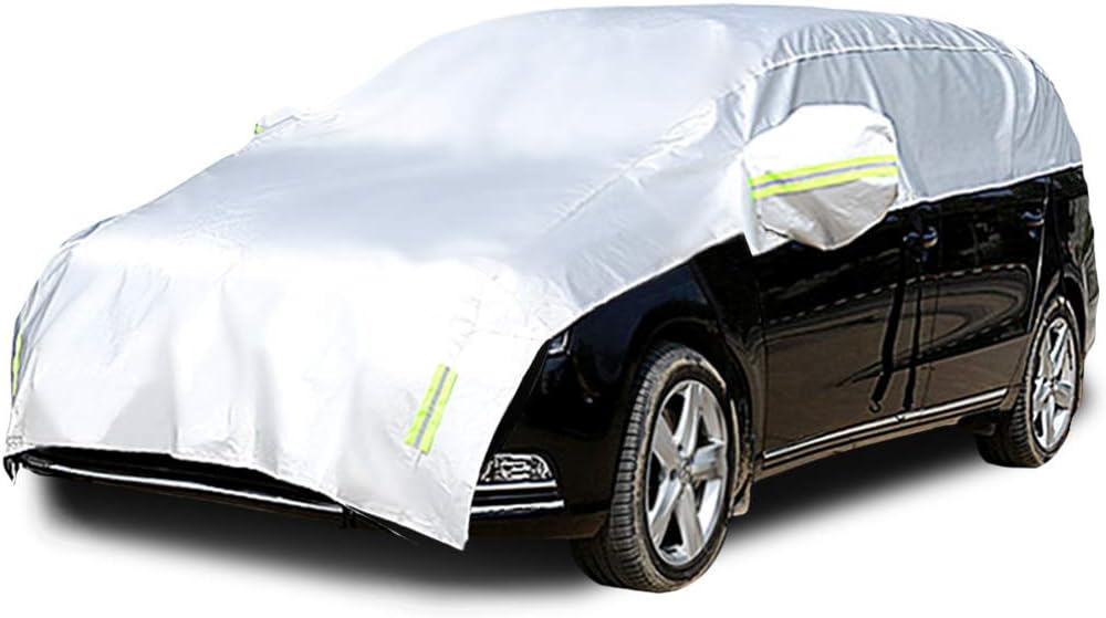 Konnfeir Half Car Cover with Cotton All Weather Car Body Covers Outdoor Indoor for All Season Waterproof Windproof Dustproof Snowproof Universal Car Half Cover (Fit Hatchback Length 158'' to 173'')