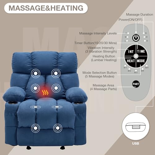 Massage Rocker Recliner Chair with Heat and Vibration Ergonomic Rocking Lounge Chair for Living Room Comfy Overstuffed Recliner with 4 Side Pockets,2 Cup Holders, USB Charge Port, Grey