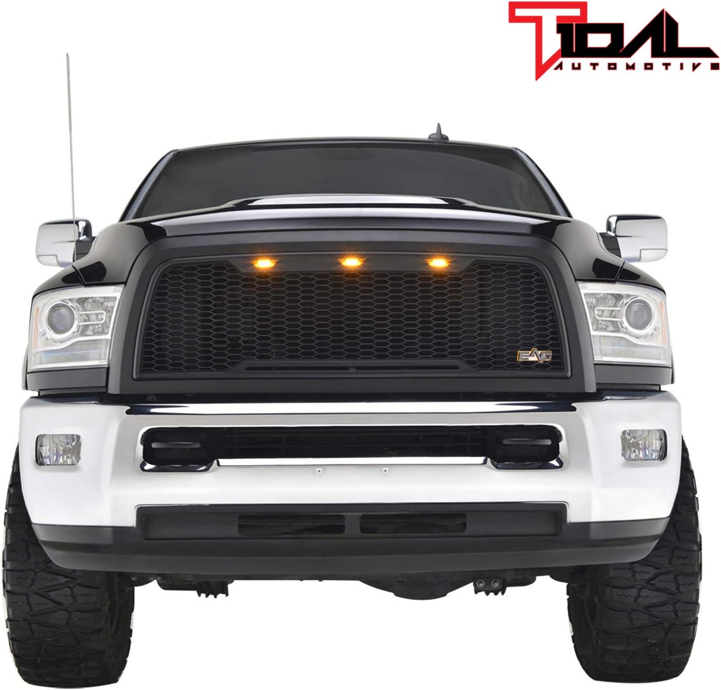 Tidal Replacement Ram ABS Upper Grille Front Hood Grill - Matte Black - With Amber LED Lights for 10-12 Ram 2500/3500 Heavy Duty
