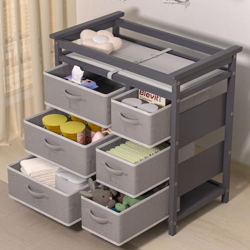 KORIMEFA Modern Baby Changing Table, Diaper Changing Table, with 6 Storage Drawers and Changing Pad, White