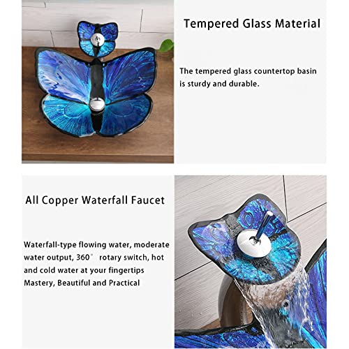 Bathroom Vessel Sink, Tempered Glass Vessel Butterfly Sink Artistic Top Mount Installation Bathroom Sinks with Pop Up Drain Waterfall Faucet,Blue