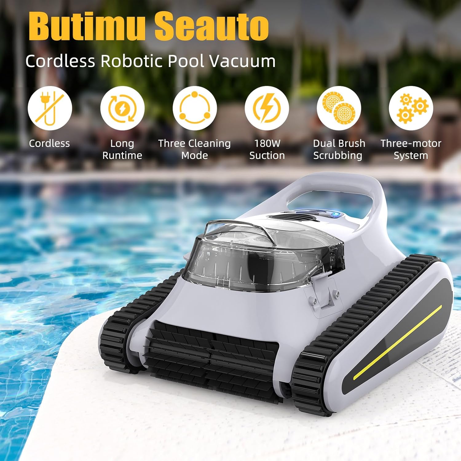 Seauto Cordless Robotic Pool Vacuum, Wall Climbing, Automatic Pool Vacuum Robot, 180W Powerful Suction LED Indicator Self Parking, Pool Vacuum for Inground Pools, of 1980 Square Feet Pool,Gray