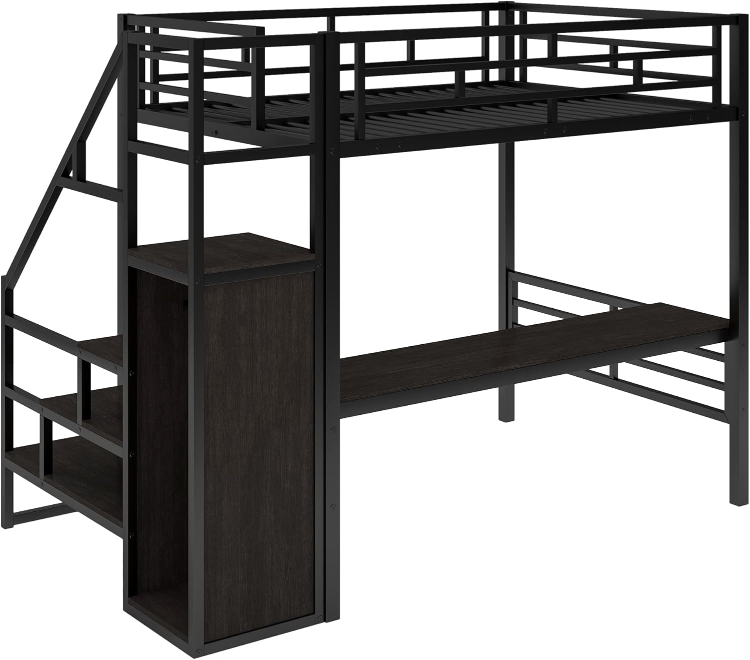 CITYLIGHT Full Loft Bed with Desk and Wardrobe,Metal Loft Bed Full Size with Storage Stairs and Guard Rail,Space Saving Loft Bed with Desk Underneath for Kids Teens,Black