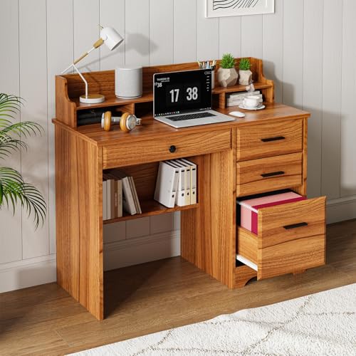 4 EVER WINNER Computer Desk with Storage Drawers and Hutch, 44 Inch Farmhouse Writing Study Desk with Monitor Stand for Small Space, Home Office Desks Wooden Desk for Bedroom, Home Office, White