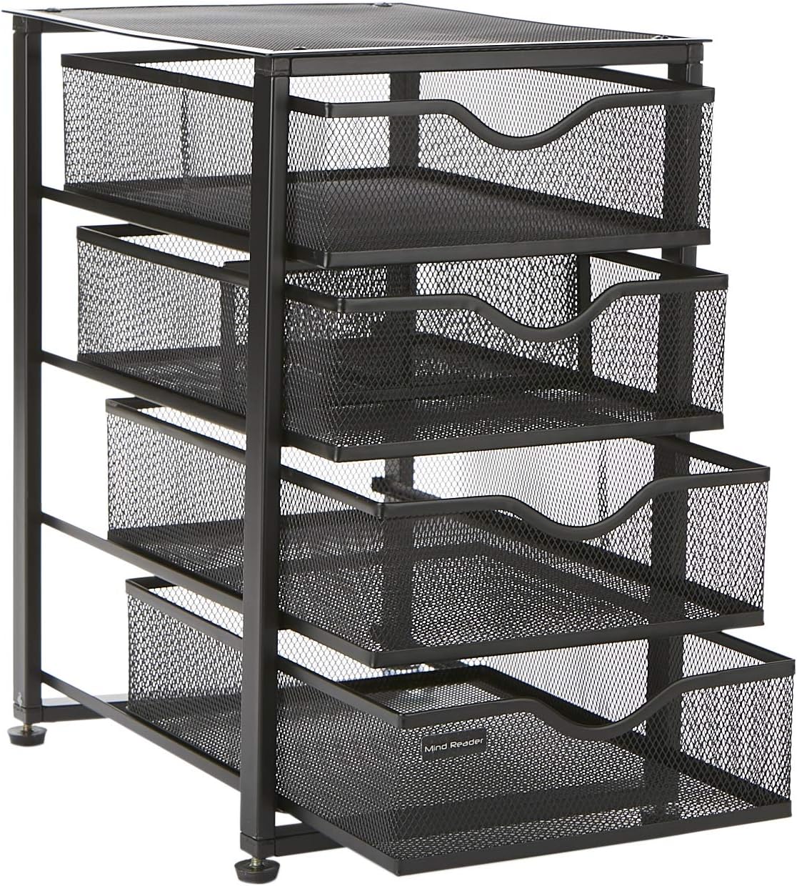 Mind Reader 4-Tiered Drawers Cabinet, Rolling Mesh Office Cart, Metal Storage, Drawers, File Storage Cart, Utility Cart, Office Storage, Heavy Duty Multi-Purpose Cart, Black