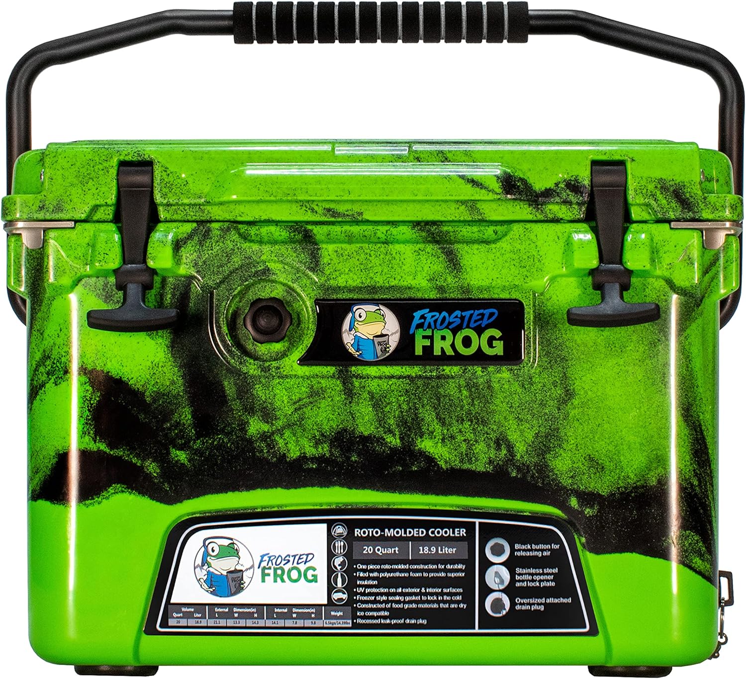 Frosted Frog Original Green and Black Camo 20 Quart Ice Chest Heavy Duty High Performance Roto-Molded Commercial Grade Insulated Cooler