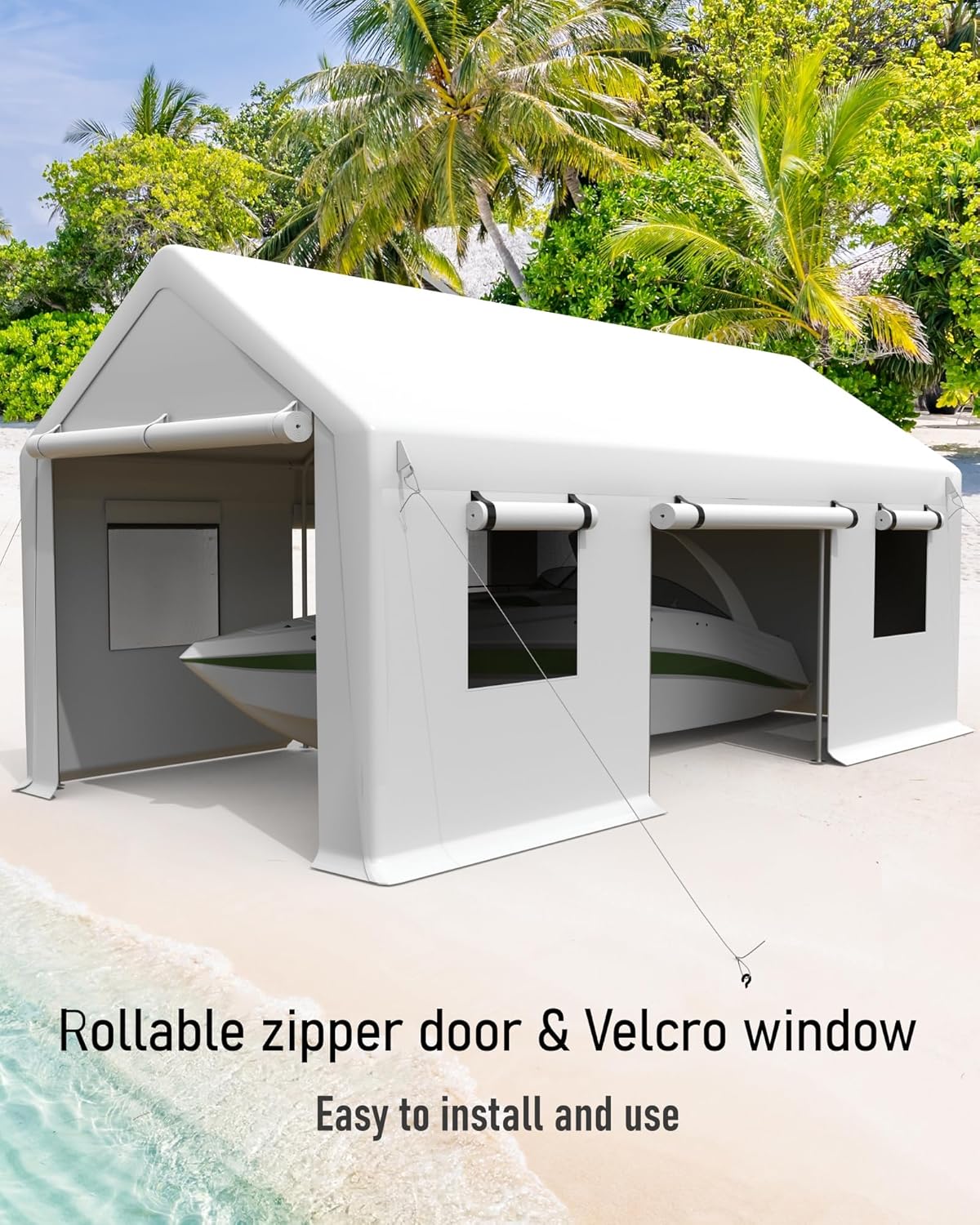 Carport 13'x20' Portable Garage, Heavy Duty Carport Canopy, Reinforced Steel Poles, 4 Roll-up Doors & 4 Windows, for Pickup, Boat, and Equipment, White