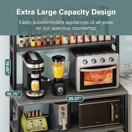 Denkee 39.4 Inch Wide Large Bakers Rack with 3 Power Outlets, 5-Tier Microwave Stand with Storage, Freestanding Kitchen Stand, Coffee Bar Stand（Black）