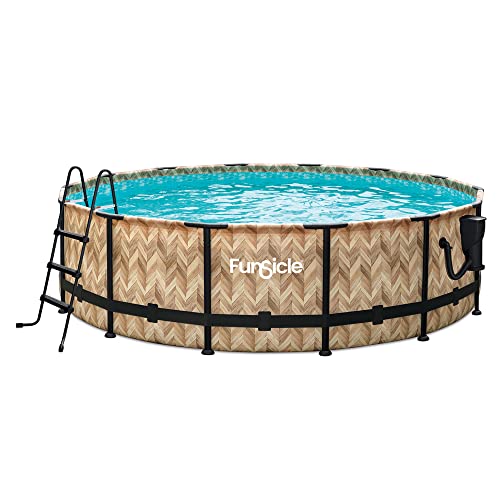 Funsicle 14' x 42" Oasis Designer Round Frame Above Ground Outdoor Swimming Pool Set with SkimmerPlus Filter Pump, Ladder, and Pool Cover, Gray