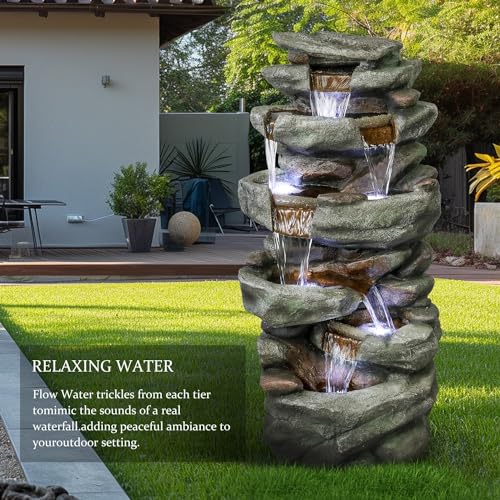 SunJet 40" High 6-Tiers Cascading Rock Outdoor Water Fountain with LED Lights - Large Outdoor Fountains and Waterfalls for Garden or Patio, Yard, and Deck Decor, Featuring Natural Stone Look