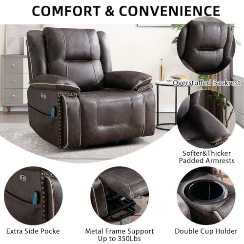 Phoenix Home Dual Motor Power Lift Chair for Elderly, Lift Chairs with Massage and Heat, Leather Electric Chairs for Adults, Recliner Chair with USB, 2 Concealed Cup Holders, Brown