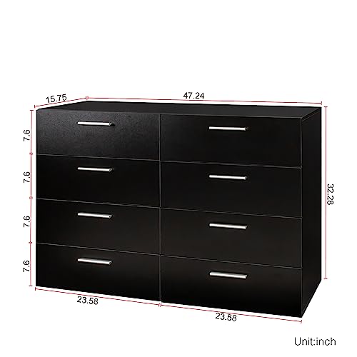 Goujxcy 8 Drawer Double Dresser for Bedroom, Modern Black 8 Drawers Chest Dresser with Metal Handle, Wooden Closet Wide Storage Cabinet for Living Room Bedroom Home Apartment Dorm