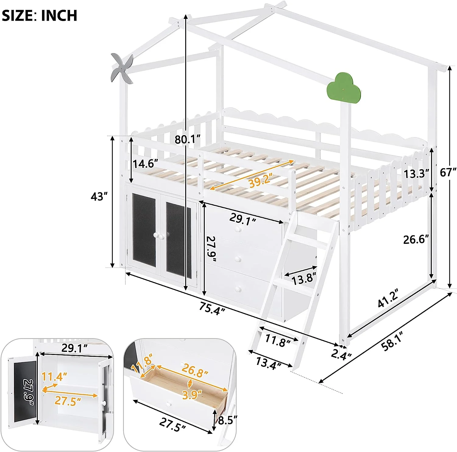 Momspeace Twin Size Loft Bed with Storage Cabinet and 3 Drawers, House Loft Bunk Beds with Roof, Black Boards and Guardrail - White