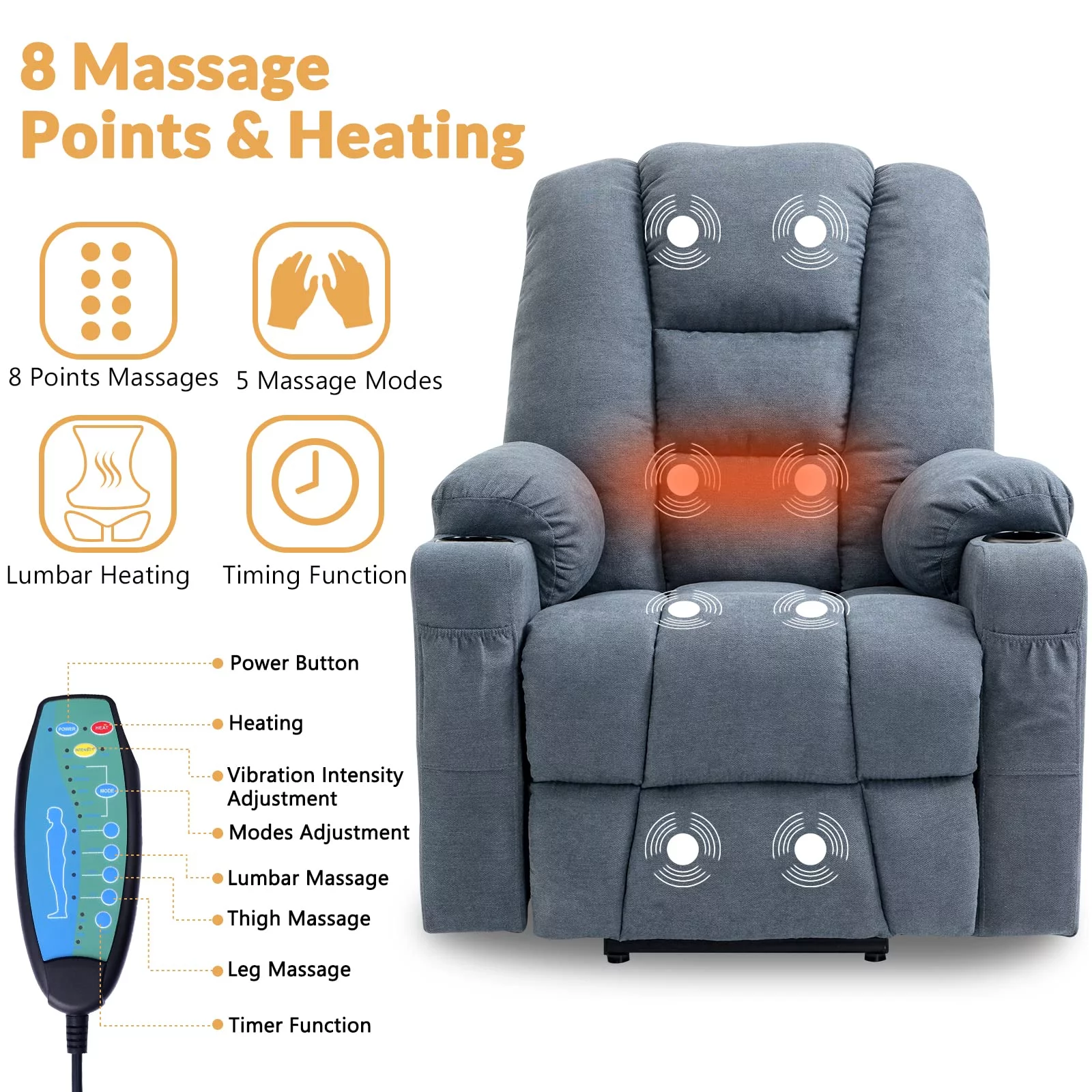 W WARMHOL Electric Power Lift Recliner Chair with Heat and Massage Lift Recliner for Elderly, Single Sofa recliners for Living Room with Cup Holders, 4 Pockets, USB Ports, Soft Fabric (Gray-Blue)