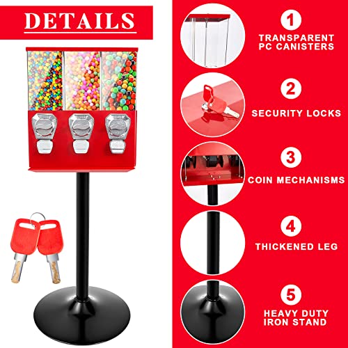 Treela Black Commercial Candy Vending Machine with Stand Triple Head Vending Machine Gumball Vending Machine with Removable Canisters 25 Cent Coin Operated Candy Dispenser for Business