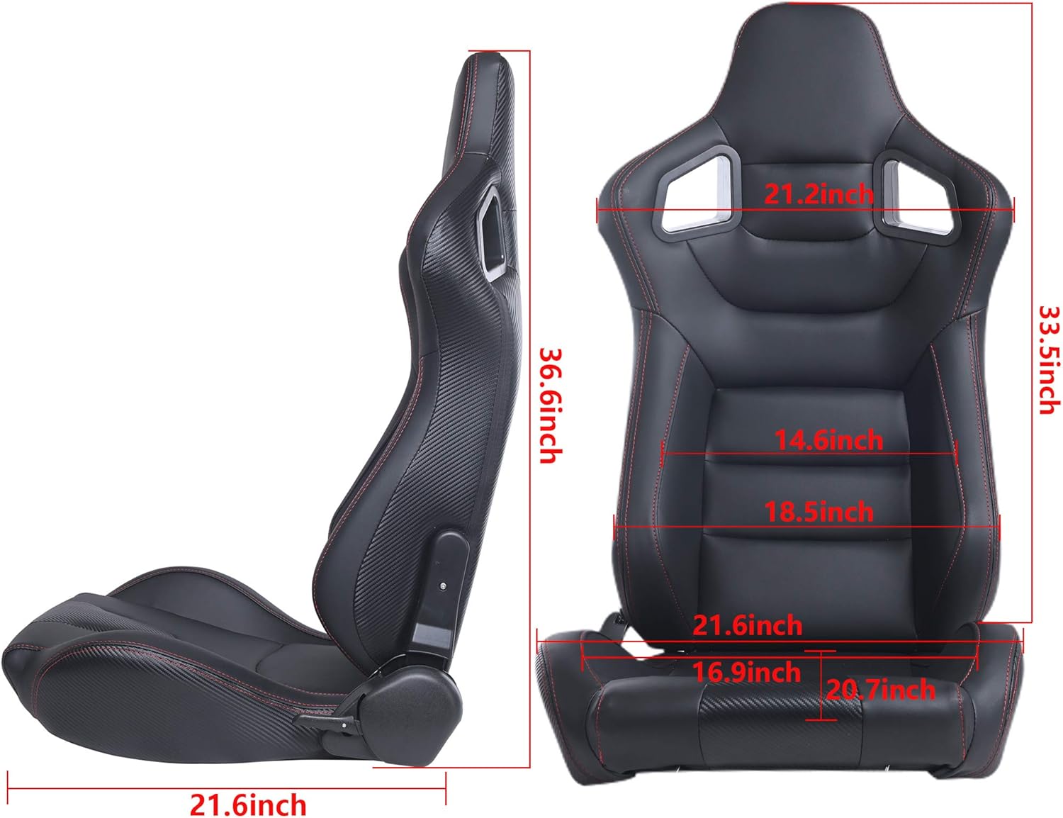 Racing Seats, Pair of PVC Leather Racing Bucket Seats with Dual Sliders, Black with Black Stitching