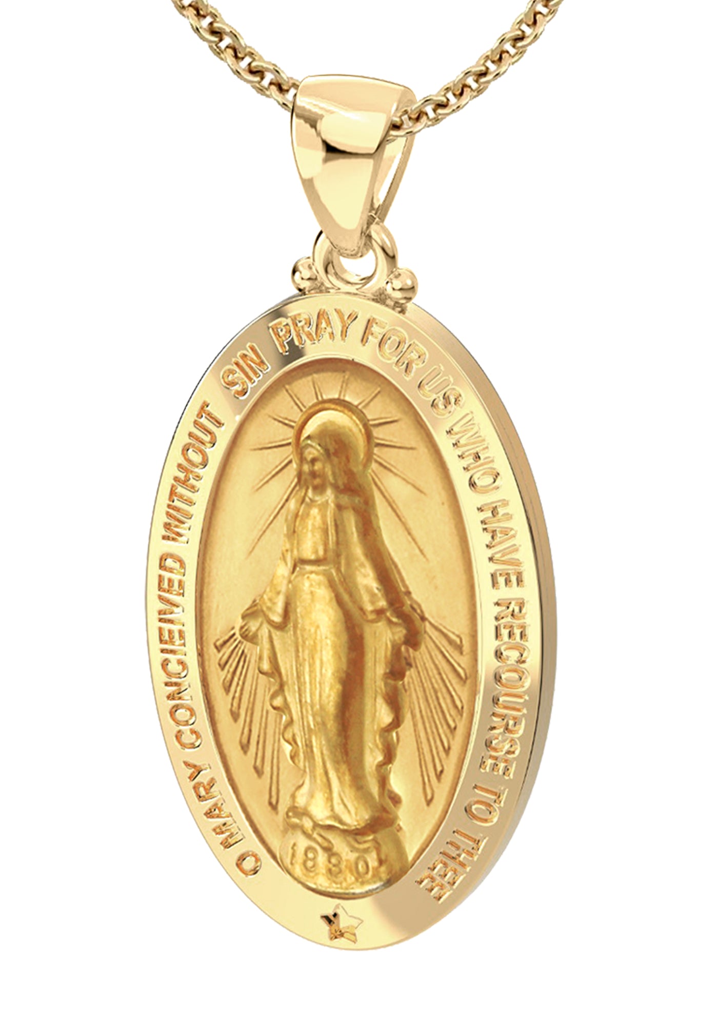 Ladies 14K Yellow Gold Miraculous Virgin Mary Hollow Oval Polished Pendant Necklace, 26mm