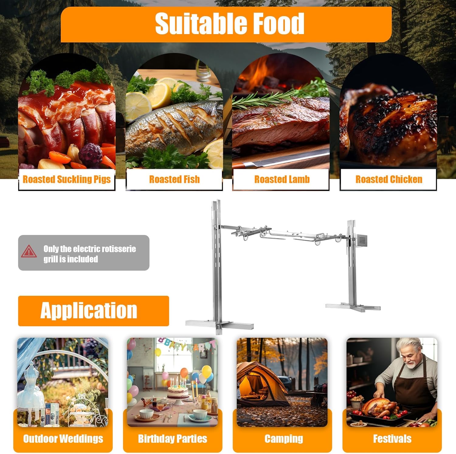TUQI 53" Electric Rotisserie Grill 88 Lbs Capacity, Pig Lamb Spit Roaster Stand Rotisserie with Adjustable Height, BBQ Charcoal Rotisserie Grill Kit Stainless Steel for Outdoor Party Camping