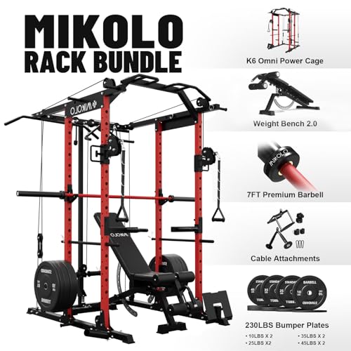 Mikolo Power Cage, Power Rack with Cable Crossover System, 1500LBS Squat Rack with LAT Pull Down System, Workout Cage with Pulley System for Fitness Home Gym