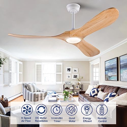BOOMJOY 52 Inch Wood Ceiling Fan with Lights Remote Control, 3 Color Temperatures and 6 Speed Reversible Blades, Indoor Outdoor Ceiling Fan for Bedroom Living Room Study Patios