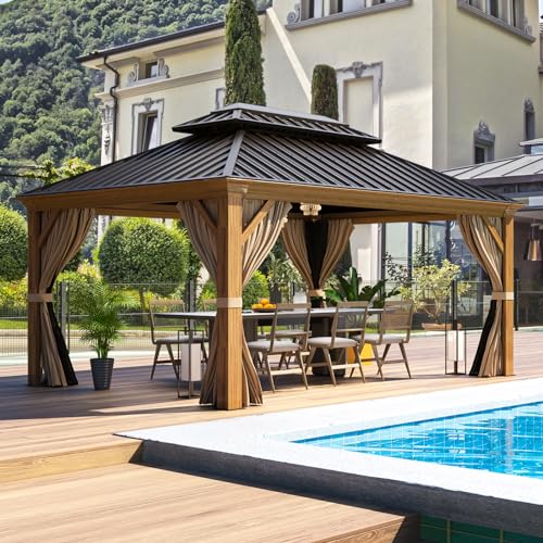 EROMMY 14'x20' Hardtop Gazebo Double Roof Galvanized Steel Canopy Outdoor Aluminum Frame Permanent Metal Pavilion with Netting and Curtains for Patio Backyard Deck and Lawns