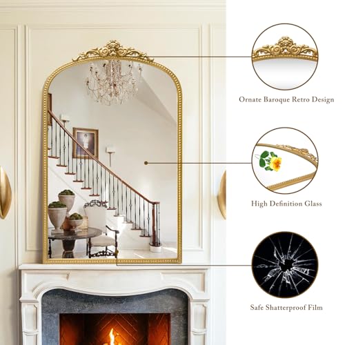 24" x 38" Antique Gold Arch Bathroom Mirror, Traditional Beaded Frame Wall Mirror, Retro Baroque Inspired Decorative Mirror for Vanity Bedroom Entryway Mantel