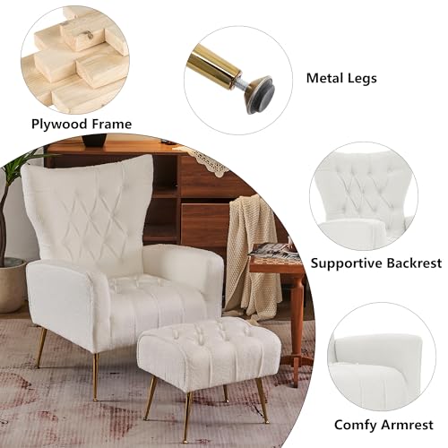 Accent Chair with Ottoman, Upholstered Tufted Boucle High Wingback Armchair with Gold Metal Legs, Club Chair with Ottoman, Reading Sofa Chair for Living Room Bedroom Office, White