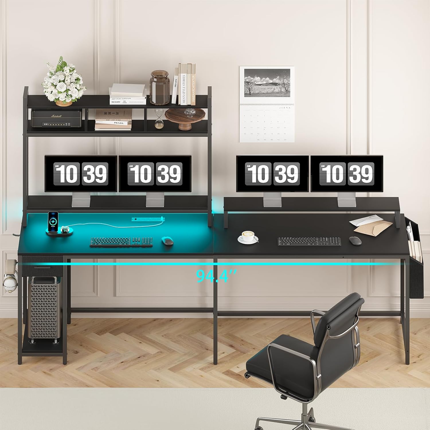 L Shaped Gaming Computer Desk with Monitor Shelf, Reversible Gaming Desk with Power Outlets & LED Lights,Extra Large Long Office Desk, Corner Desk for Home Office