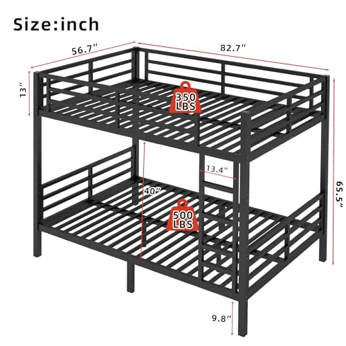 Twin XL Over Twin XL Bunk Bed, Metal Bunk Bed Frame Heavy Duty Bunk Beds Loft Bed Frame with Ladder and Guardrail Metal Slats No Box Spring Required for Adults Teens, Black