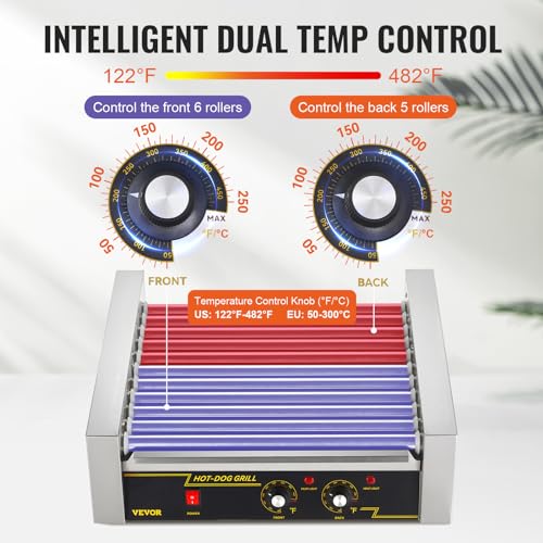VEVOR Hot Dog Roller,5 Rollers 12 Hot Dog Capacity, 750W Stainless Steel Cook Warmer Machine with Dual Temp Control, LED Light and Detachable Drip Tray, Sausage Grill Cooker for Kitchen Restaurant