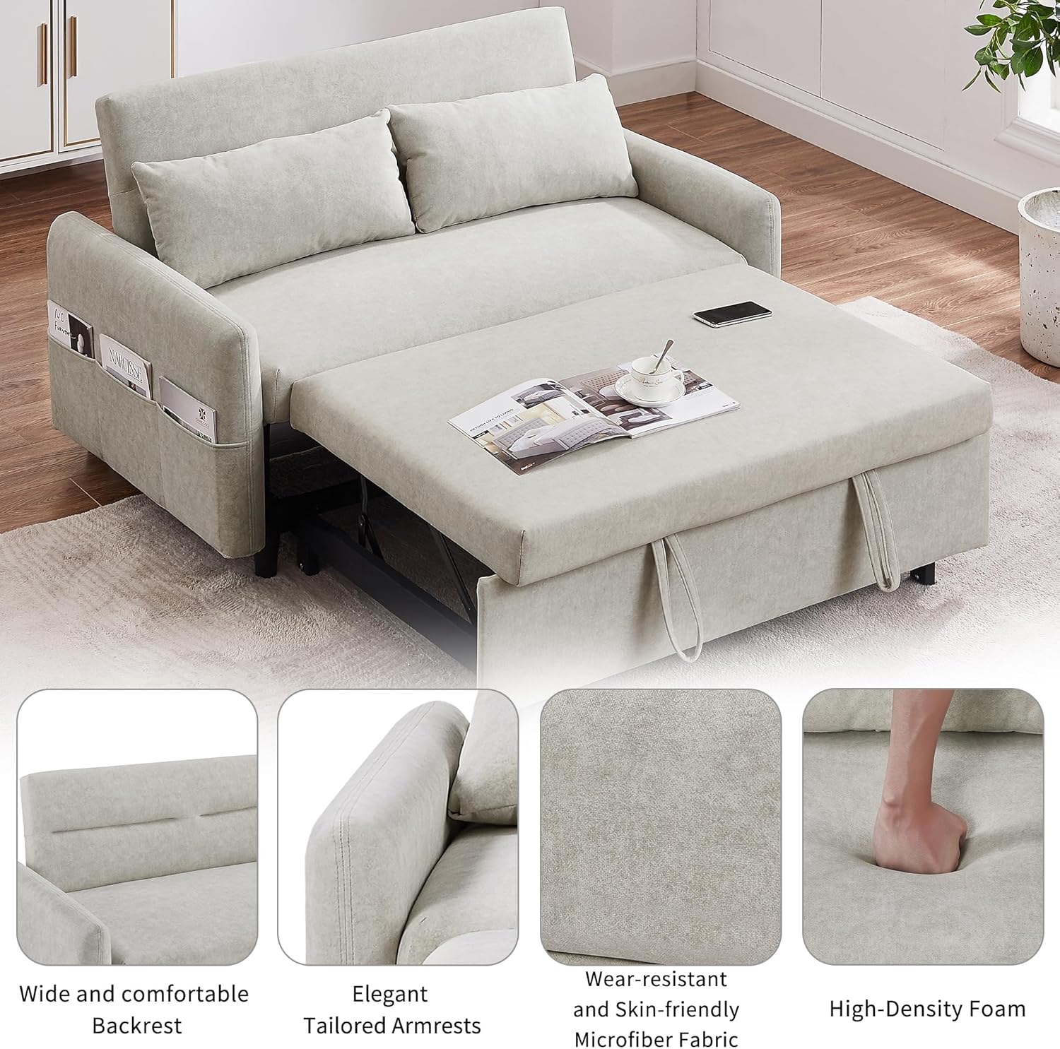 55" Sleeper Sofa with Pull Out Bed, Futon Couch w/USB Ports, 3-in-1 Convertible Loveseats w/Adjustable Backrest, Side Storage Pockets & Two Pillows for Living Room, Apartment, Beige