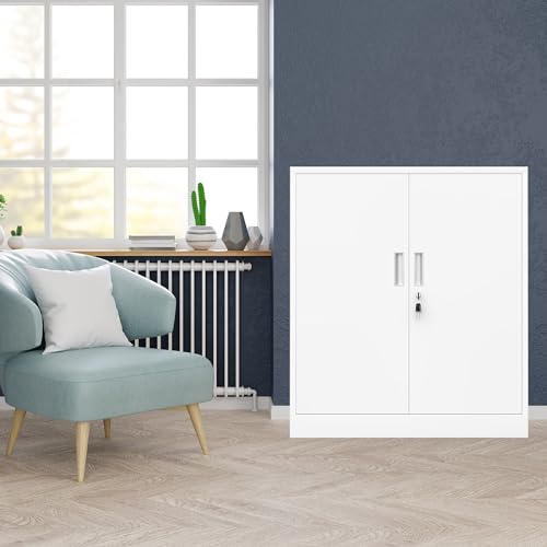 Metal Storage Cabinet with Locking Doors and 2 Adjustable Shelves, Small Lockable Storage Cabinet for Home Office Garage (Black)
