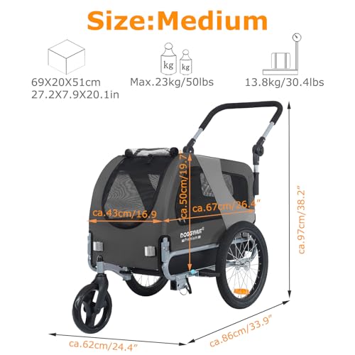DOGGYHUT® Premium M Pet Bike Trailer & Stroller 2-in-1,for Dogs up to 50 lbs,Parking Brakes,Easy Folding Cart Frame, Universal Bicycle Coupler,E-Bike Friendly
