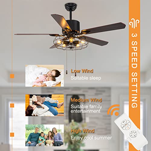 Farmhouse Caged Ceiling Fan with Lights Remote Control, 52" Industrial Black Chandelier Fan Pull Chain, Rustic Vintage Ceiling Fan Light with 5 Reversible Blades for Bedroom, Living Room
