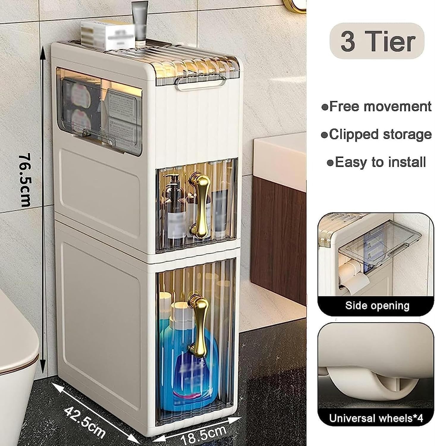 Bathroom Narrow Cabinet Small Bathroom Floor Storage Cabinet, Narrow Bathroom Organizer with Drawers and Wheels, Slim Toilet Paper Storage Cabinet for Small Space and Corner ()