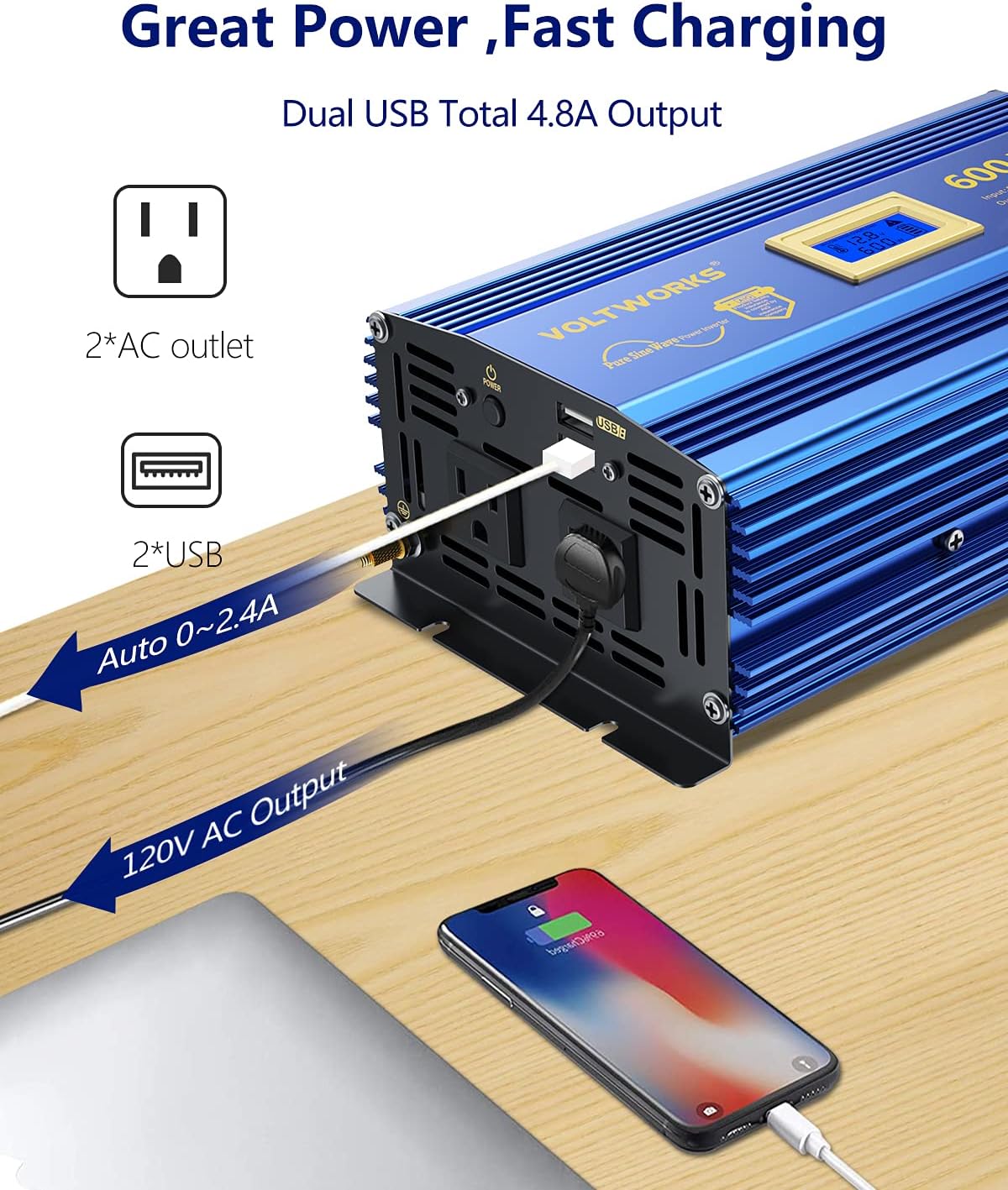 VOLTWORKS 600 Watts Pure Sine Wave Power Inverter 600w DC 12V to AC 110V 120V with Dual 2.4A USB Port & LCD Display Two AC Outlets for Car Truck RV