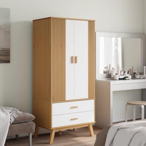 Wood Wardrobe Closet, Bedroom Armoire Closet, Solid Wood Wardrobe Armoire Closet Storage Cabinet with 2 Drawers and 1 Large Compartment, Gray and Brown 30.1"x20.9"x67.7"