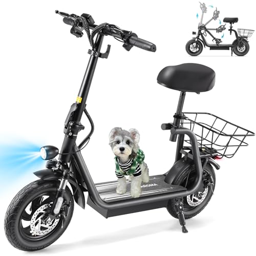 Caroma Peak 800W/1200W Electric Scooter Adults, 30 Miles Max Range, Foldable Electric Scooter with Seat, Front Suspension, Detachable Large Basket,Commuter E-Scooter for Adult and Teens