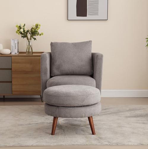 Modern Accent Chair with Ottoman,Upholstered Reading Chair,Comfy Living Room Armchair and Ottoman,Single Sofa with Wooden Leg and Throw Pillow for Bedroom, Corner,Reading Nook,Office (Charcoal)