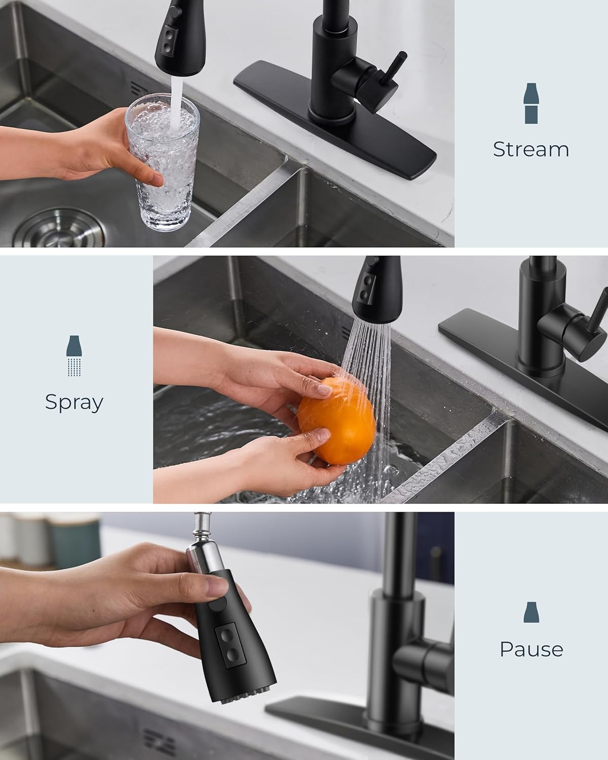 FORIOUS Kitchen Faucets with Pull Down Sprayer + 8 Inch Waterfall Bathroom Faucet 3 Hole