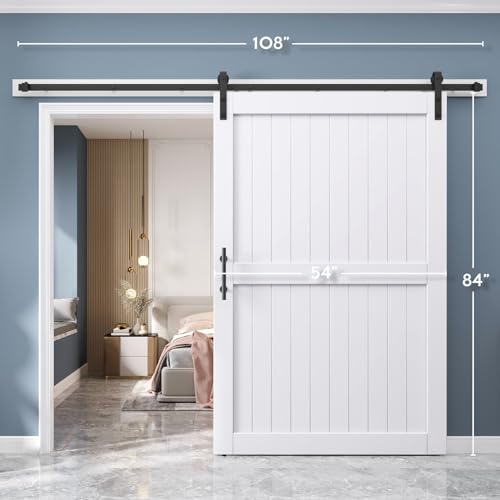 EaseLife 54 x 84 inch White Barn Door with 9FT Sliding Door Hardware Kit Included & Handle,Solid Wood Covered with Waterproof PVC Surface,DIY Assemblely,Easy Install,H-Frame,Fit 50-52in Wide Opening