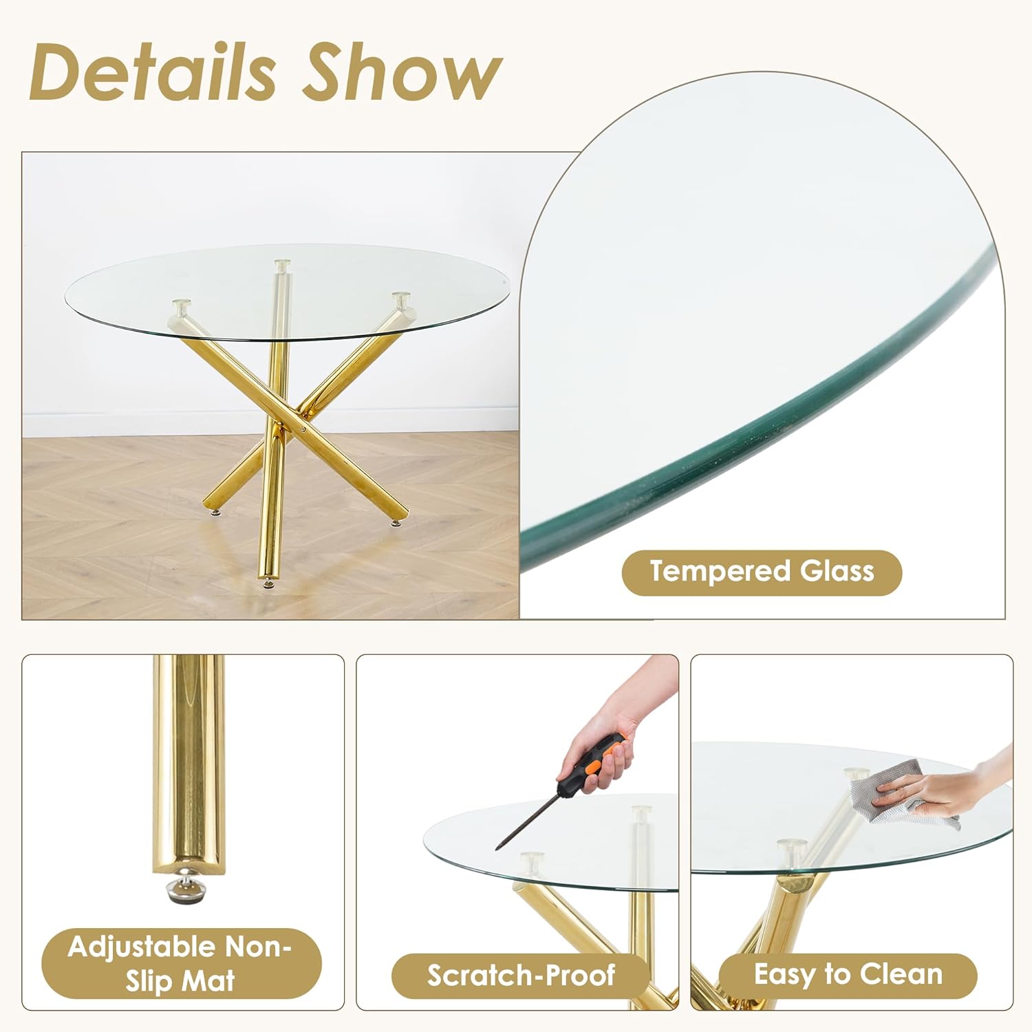 Baysitone Gold Round Glass Dining Table Set for 6, 47'' Circle Kitchen Table Set, Circular Dining Room Table Set, 7 PCS Modern Table and Chairs Set for Home Living Room, Clear Acrylic Chair