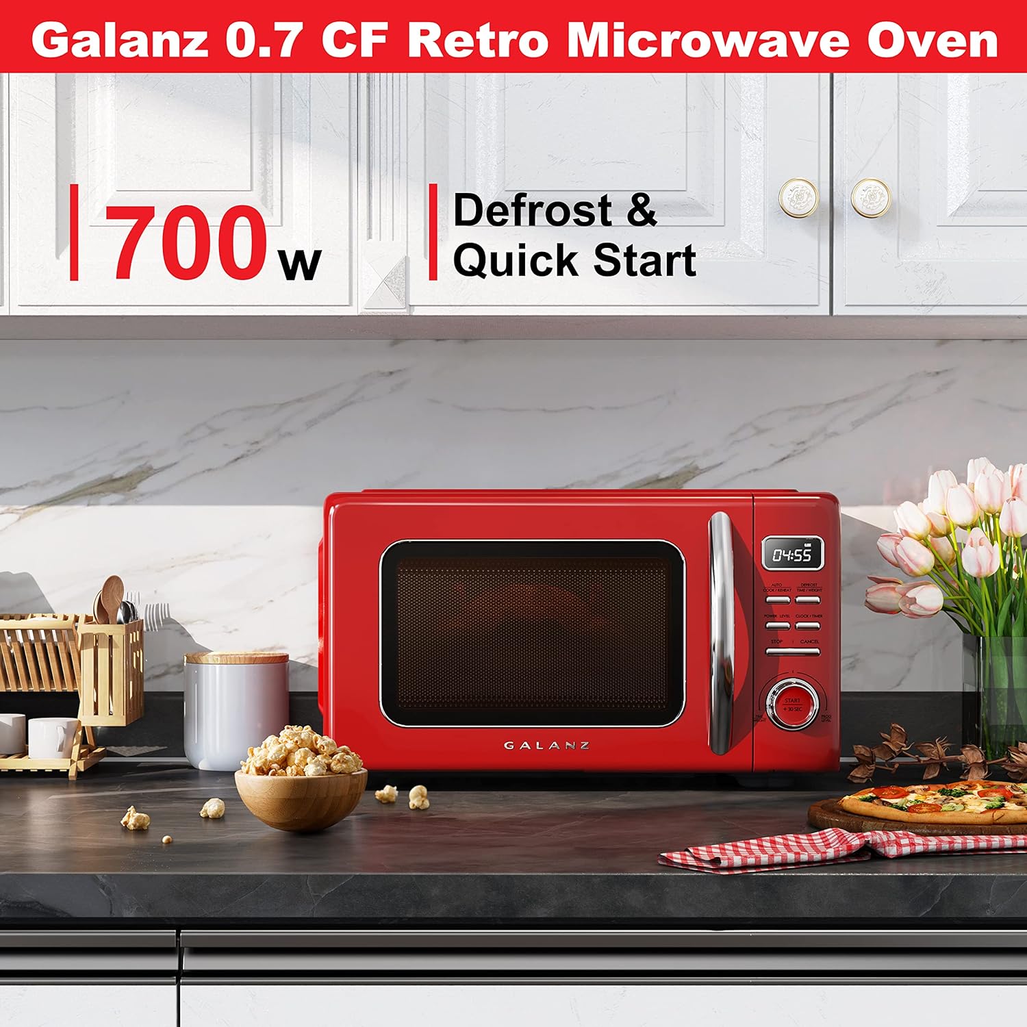 Galanz GLR25MRDR10 Retro Compact Refrigerator, Mini Fridge with Single Doors, Adjustable Mechanical Thermostat with Chiller, Red, 2.5 Cu Ft & GLCMKZ07RDR07 Retro Countertop Microwave Oven