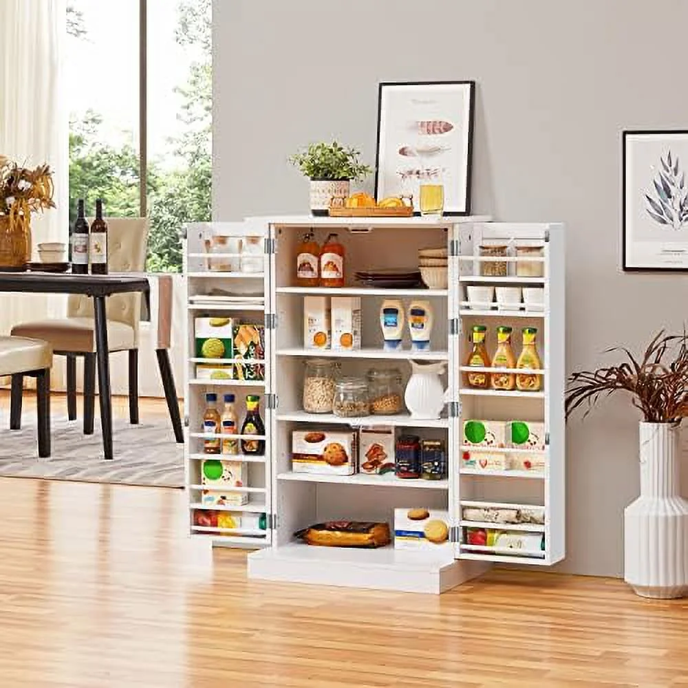 Kitchen Pantry Cabinet, Storage Cabinet Cupboard With Doors And Adjustable Shelves For Small Space, Wood Farmhouse Pantry Cupboard For Kitchen, Dinning Room, Living Room, White