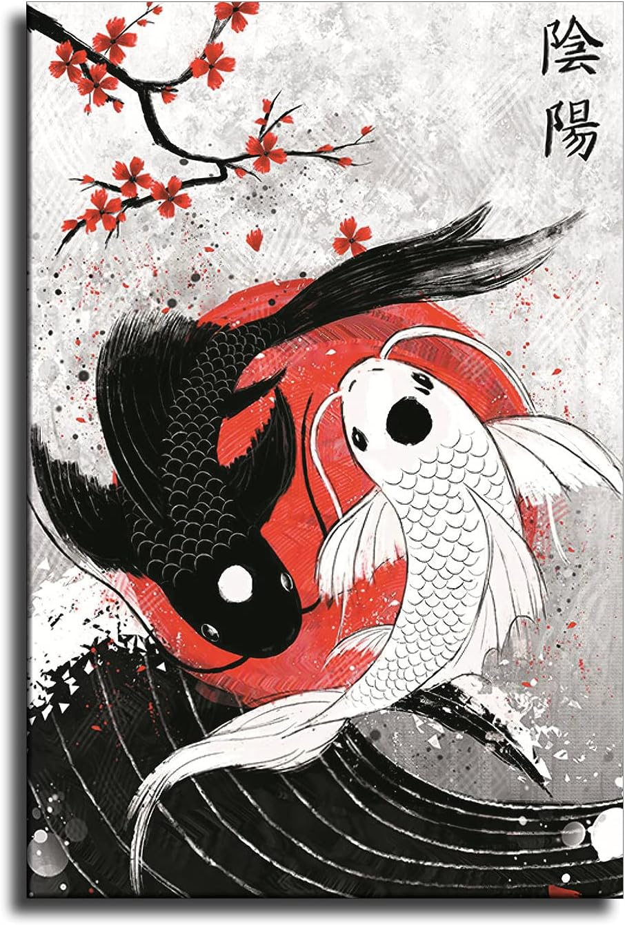 patient Koi Fish Wall Art Yin Yang Poster Canvas Printing|16 X 24|Room Aesthetic|Bedroom Living Room Japanese Style Decoration (16×24 inch)